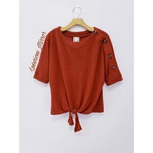 Tru Self Women's Burnt Orange Waffle Knit Front Tie Button Detail Shirt Top Sz S